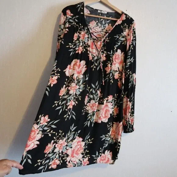 BILLABONG Just Like Us Black Floral lace up long sleeve    Mini Dress size S - Picture 6 of 13